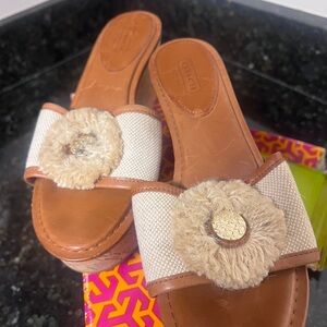 Coach Tan and Cream Floral Slide Sandals